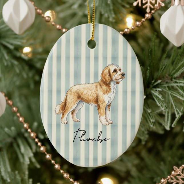 Hand Drawn Pet Portrait Sketch Golden Doodle Ceramic Ornament (Celebrate the holidays with this timeless, vintage striped pet portrait! )