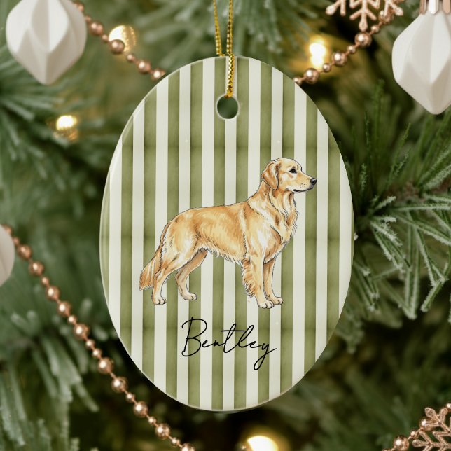 Hand Drawn Pet Portrait Sketch Golden Retriever Ceramic Ornament (Celebrate the holidays with this timeless, vintage striped pet portrait! )