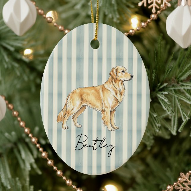 Hand Drawn Pet Portrait Sketch Golden Retriever Ceramic Ornament (Celebrate the holidays with this timeless, vintage striped pet portrait! )