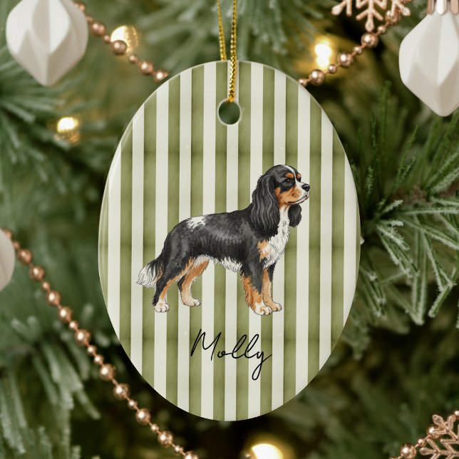 Hand Drawn Pet Portrait Sketch King Cavalier Ceramic Ornament (Celebrate the holidays with this timeless, vintage striped pet portrait! )