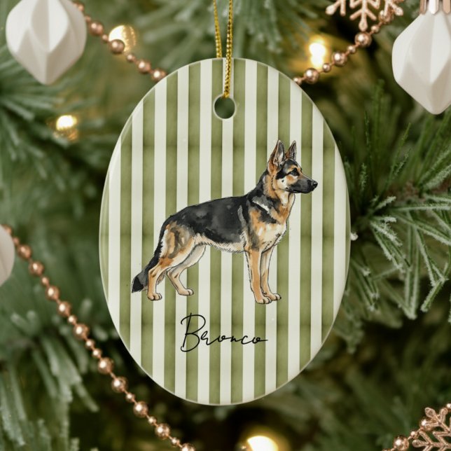 Hand Drawn Pet Portrait Watercolor German Shepherd Ceramic Ornament (Celebrate the holidays with this timeless, vintage striped pet portrait! )