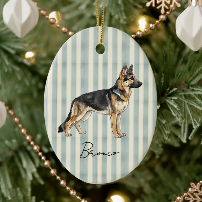 Hand Drawn Pet Portrait Watercolor German Shepherd Ceramic Ornament (Celebrate the holidays with this timeless, vintage striped pet portrait! )