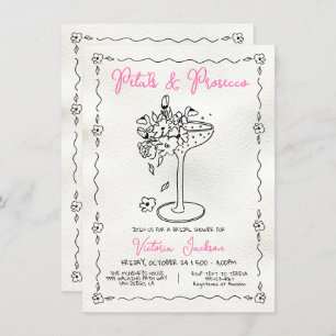 Hand Drawn Petals and Presecco Bridal Shower Invitation