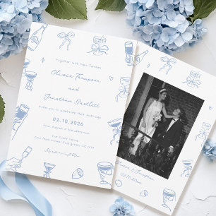 Hand Drawn Photo Dusty Blue Wedding  Invitation