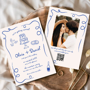 Hand Drawn Photo QR Code Blue Whimsical Wedding Invitation