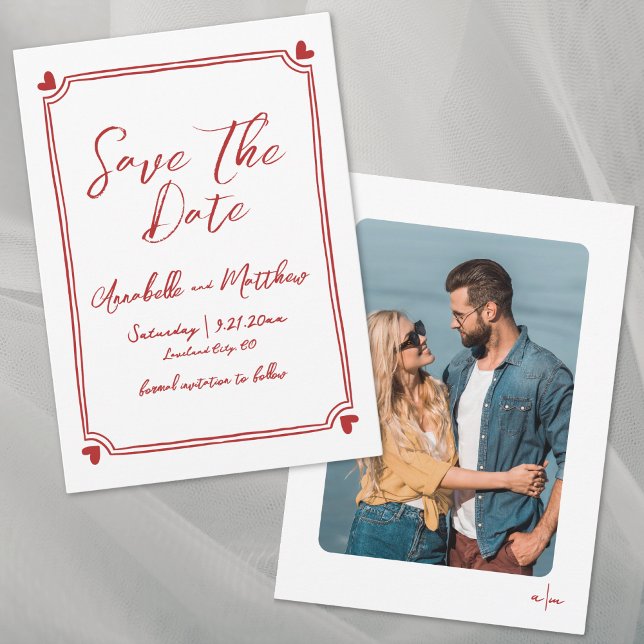 Hand Drawn Photo Whimsical Simple Red Wedding Save The Date (Hand Drawn Photo Whimsical Simple Red Wedding Save the Date)