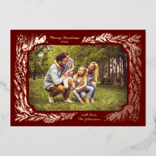 Hand drawn Pine Frame Photo Gold Foil Holiday Card