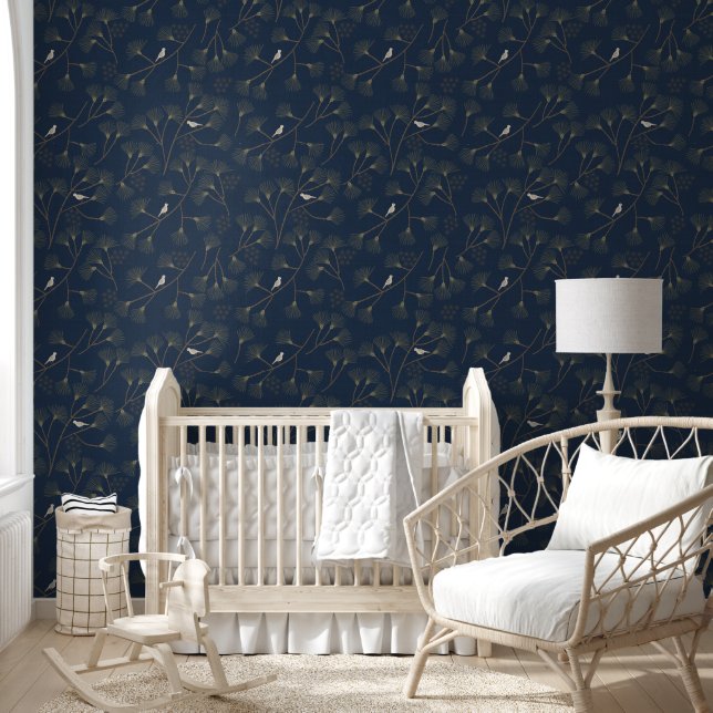 Hand Drawn Pine Tree and Bird Pattern in Roya Blue Wallpaper (Kids)