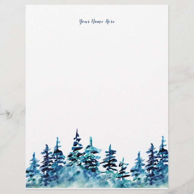 Hand-Drawn Pine Tree Forest Green Blue Custom Letterhead (Front)