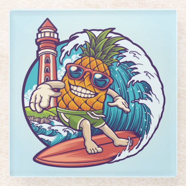 Hand Drawn Pineapple Surfer Abstract Glass Coaster (Front)