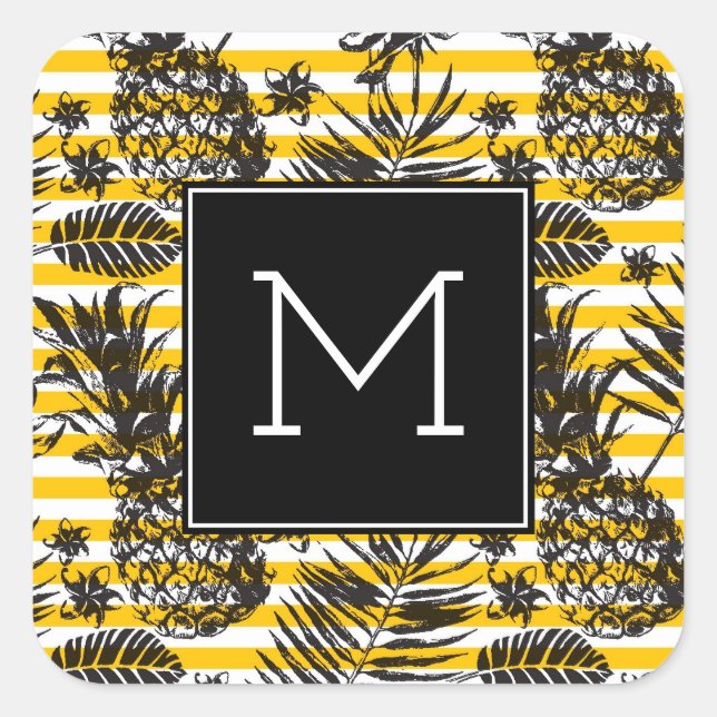 Hand Drawn Pineapples | Monogram Square Sticker (Front)