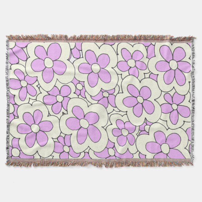 Hand Drawn Pink and Cream Flower Design Throw Blanket (Front)