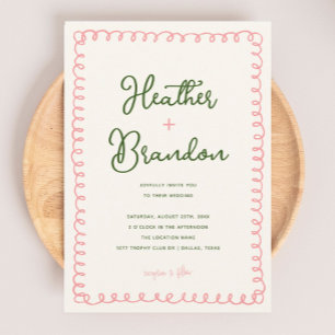 Hand Drawn Pink and Green Colourful Wedding Invitation