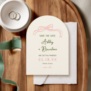 Hand Drawn Pink and Green French Fun Arch Wedding Save The Date