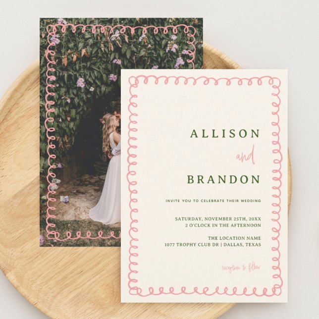 Hand Drawn Pink and Green Fun Wedding Photo Invitation (Creator Uploaded)