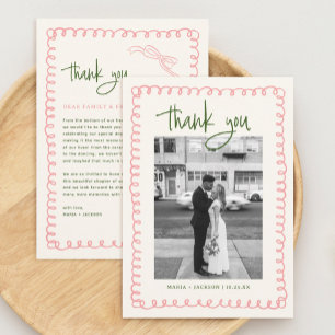 Hand Drawn Pink and Green Wedding Photo Thank You Card