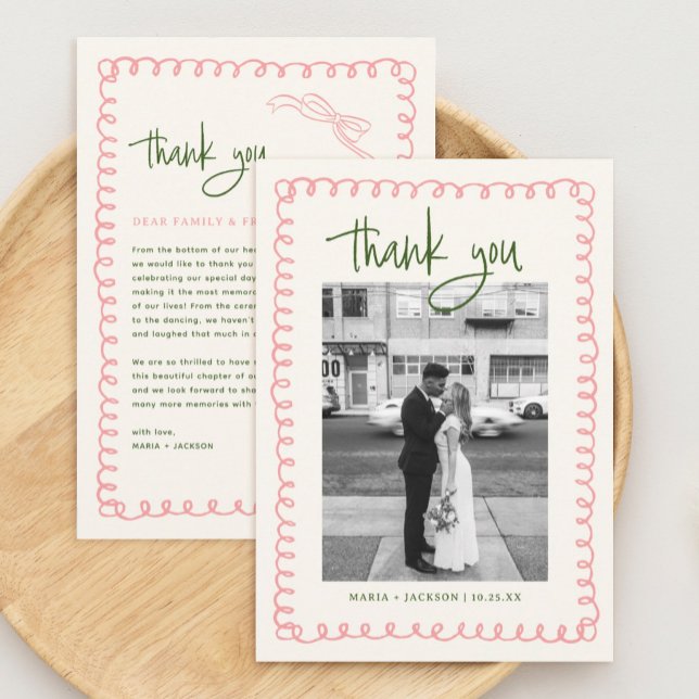 Hand Drawn Pink and Green Wedding Photo Thank You Card (Creator Uploaded)