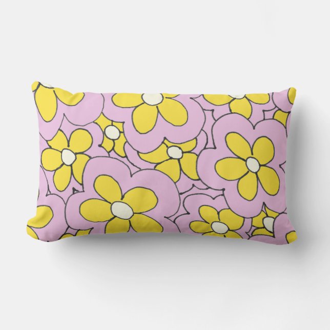 Hand Drawn Pink and Yellow Flower Design Lumbar Cushion (Front)