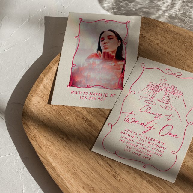 Hand Drawn Pink Bow 21st Photo Birthday Party Invitation (Creator Uploaded)