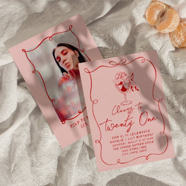 Hand Drawn Pink Bow 21st Photo Birthday Party Invitation (Creator Uploaded)