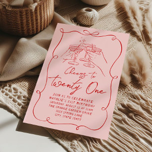 Hand Drawn Pink Bow Cheers To Twenty One Birthday Invitation