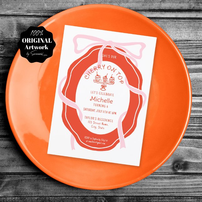 Hand Drawn Pink Bow Cherry on Top Girl Birthday Invitation (Creator Uploaded)