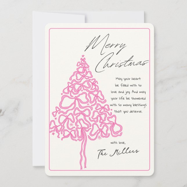 Hand Drawn Pink Bow Christmas Tree Merry Christmas Holiday Card (Front)
