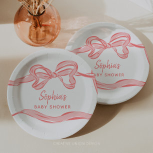 Hand Drawn Pink Bow Girl Baby Shower Paper Plate
