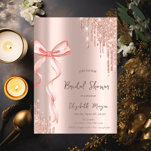 Hand Drawn Pink Bow Rose Gold Drips Bridal Shower Invitation