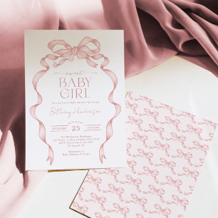 Hand drawn Pink Bow Sweet Baby Girl Shower Invitation