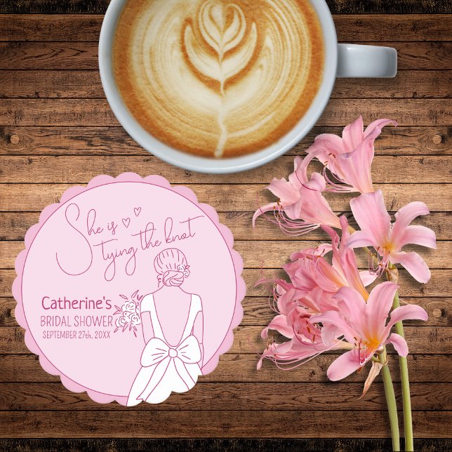 Hand Drawn Pink Bow Wedding Gown Bridal Shower Paper Coaster (Creator Uploaded)