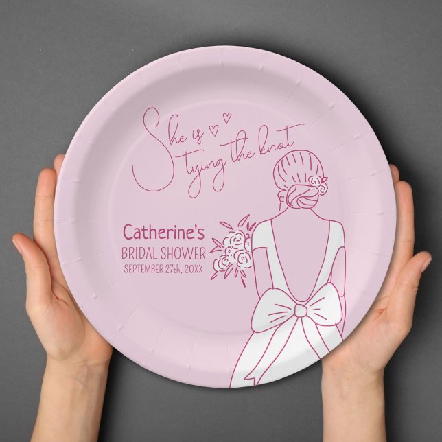 Hand Drawn Pink Bow Wedding Gown Bridal Shower Paper Plate (Creator Uploaded)