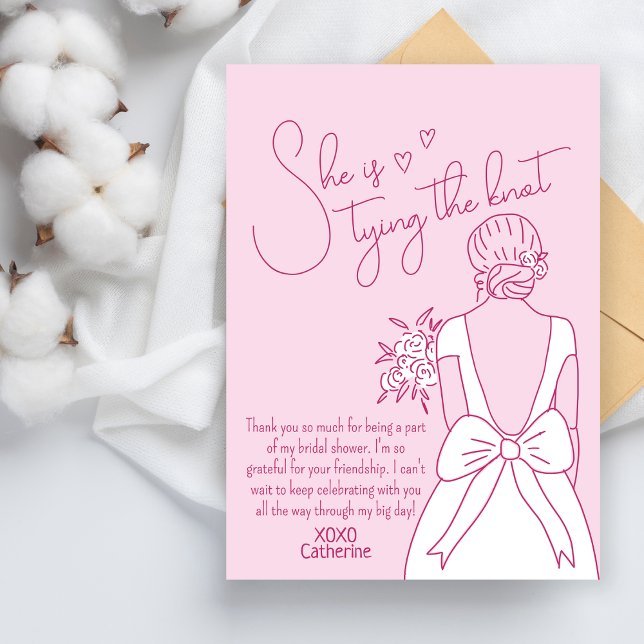 Hand Drawn Pink Bow Wedding Gown Bridal Shower Thank You Card (Creator Uploaded)