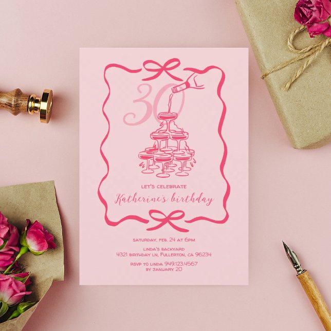 Hand Drawn Pink Champagne 30th Birthday Party Invitation (Creator Uploaded)