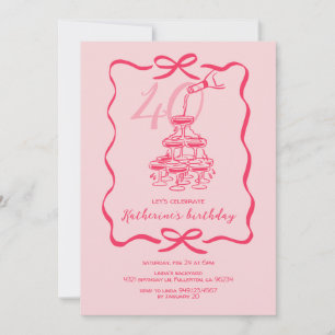 Hand Drawn Pink Champagne 40th Birthday Party Invitation