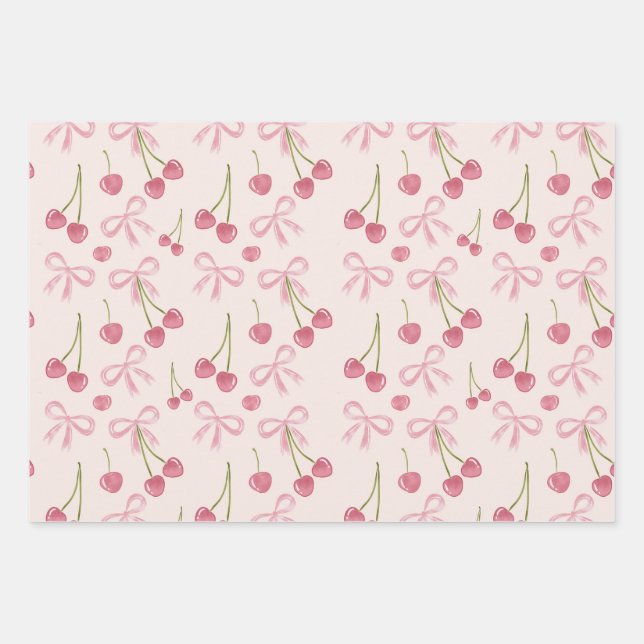  Hand-drawn Pink Cherry Coquette Seamless Pattern Wrapping Paper Sheet (Front)