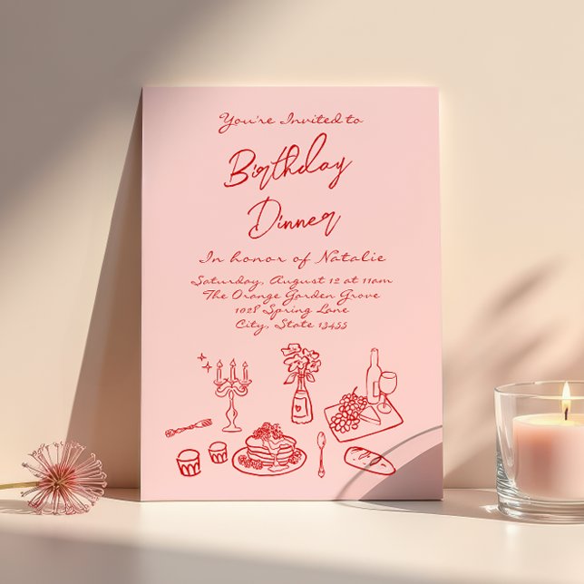 Hand Drawn Pink coquette Fun Birthday Dinner Party Invitation (Creator Uploaded)