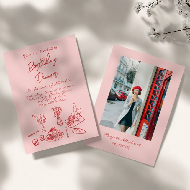 Hand Drawn Pink coquette Fun Photo Birthday Dinner Invitation (Creator Uploaded)