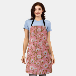 Hand Drawn Pink Daisy White Floral Pattern Apron
