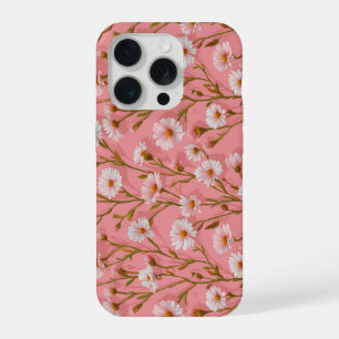 Hand Drawn Pink Daisy White Floral Pattern iPhone 15 Pro Case