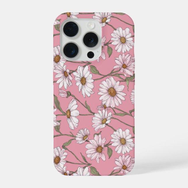 Hand Drawn Pink Daisy White Floral Pattern iPhone Case (Back)