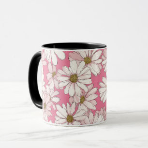 Hand Drawn Pink Daisy White Floral Pattern Mug