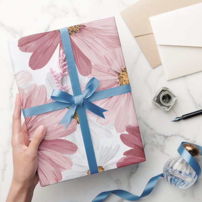 Hand Drawn Pink Daisy White Floral Pattern Wrapping Paper (Gifting)