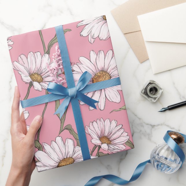Hand Drawn Pink Daisy White Floral Pattern Wrapping Paper (Gifting)