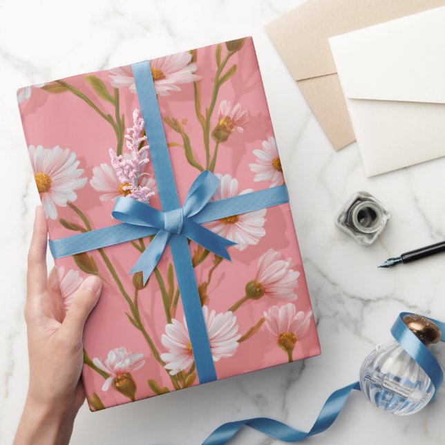 Hand Drawn Pink Daisy White Floral Pattern Wrapping Paper (Gifting)
