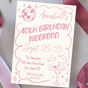 Hand Drawn Pink Disco 40th Birthday Party Weekend Invitation