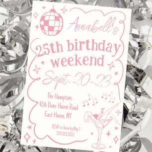 Hand Drawn Pink Disco Birthday Party Girls Weekend Invitation
