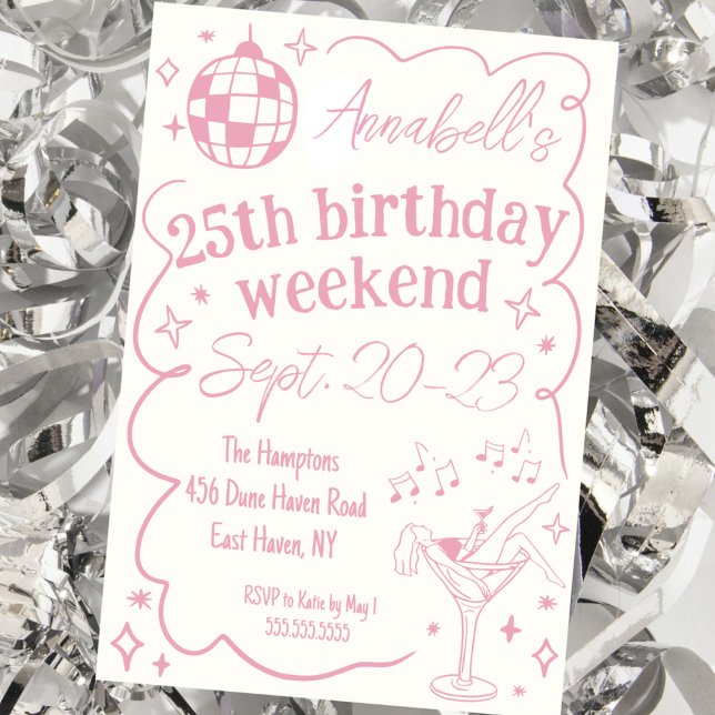 Hand Drawn Pink Disco Birthday Party Girls Weekend Invitation (hand drawn quirky disco party invitation birthday party pink fun girls weekend itinerary invite cute)