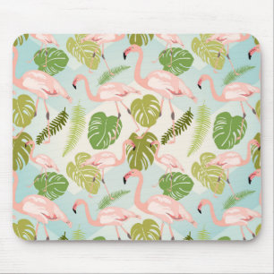 Hand drawn pink flamingo and monstera leaves. Seam Mouse Pad