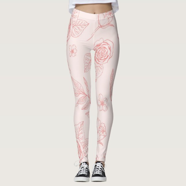 hand drawn pink  flowers leggings (Front)